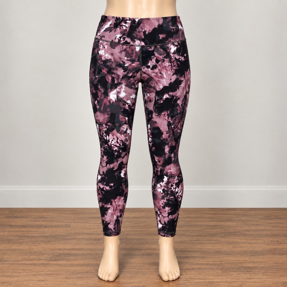 Under Armour Women Purple Black Abstract Print Fitted Crop Leggings Large Pocket